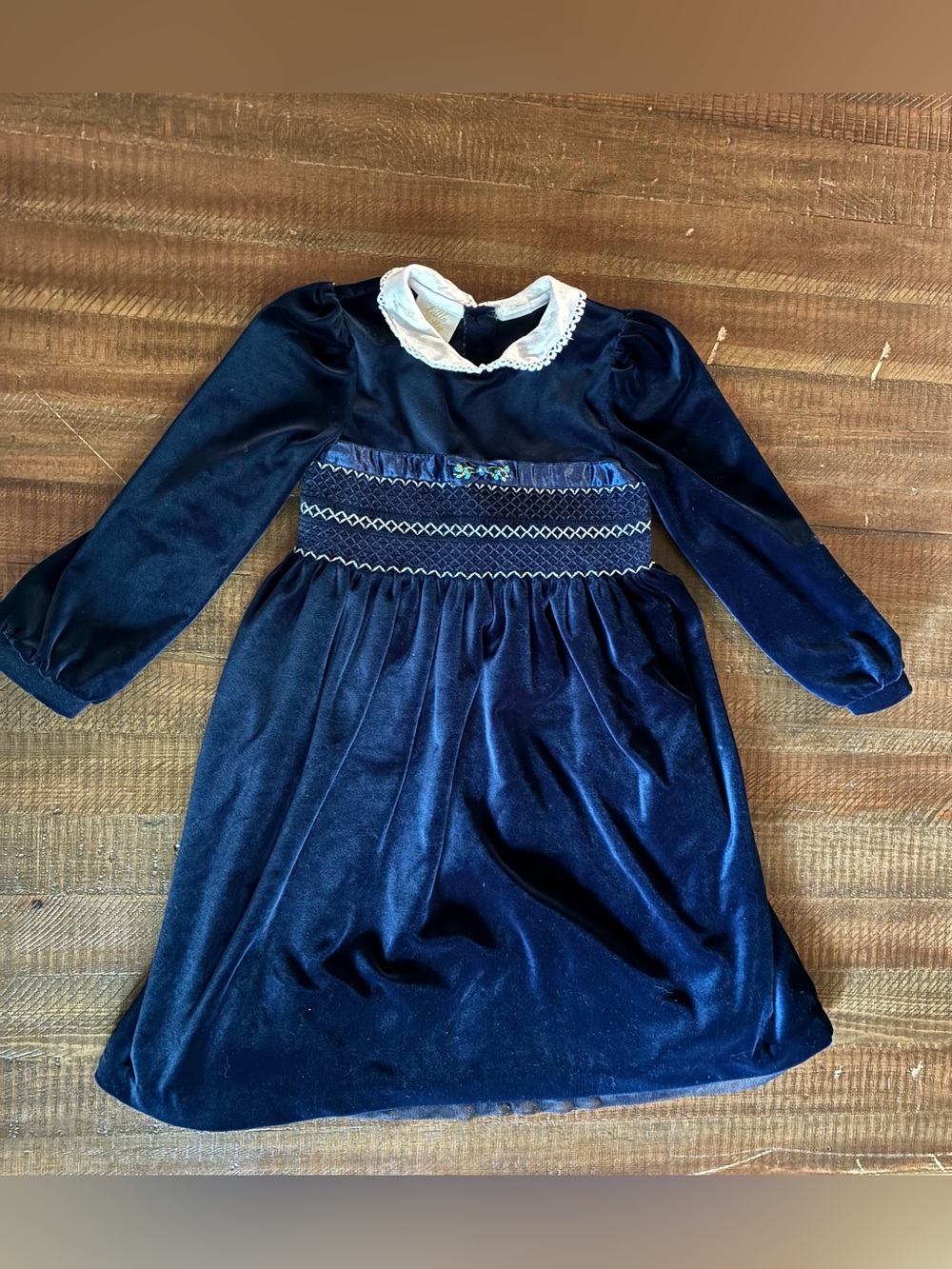Vintage Navy Velvet Girls' Dress with White Lace Collar